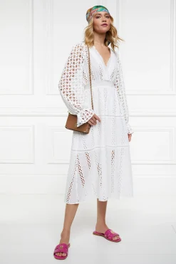 Holland Cooper Broderie Lace V-Neck Midi Dress Clearance