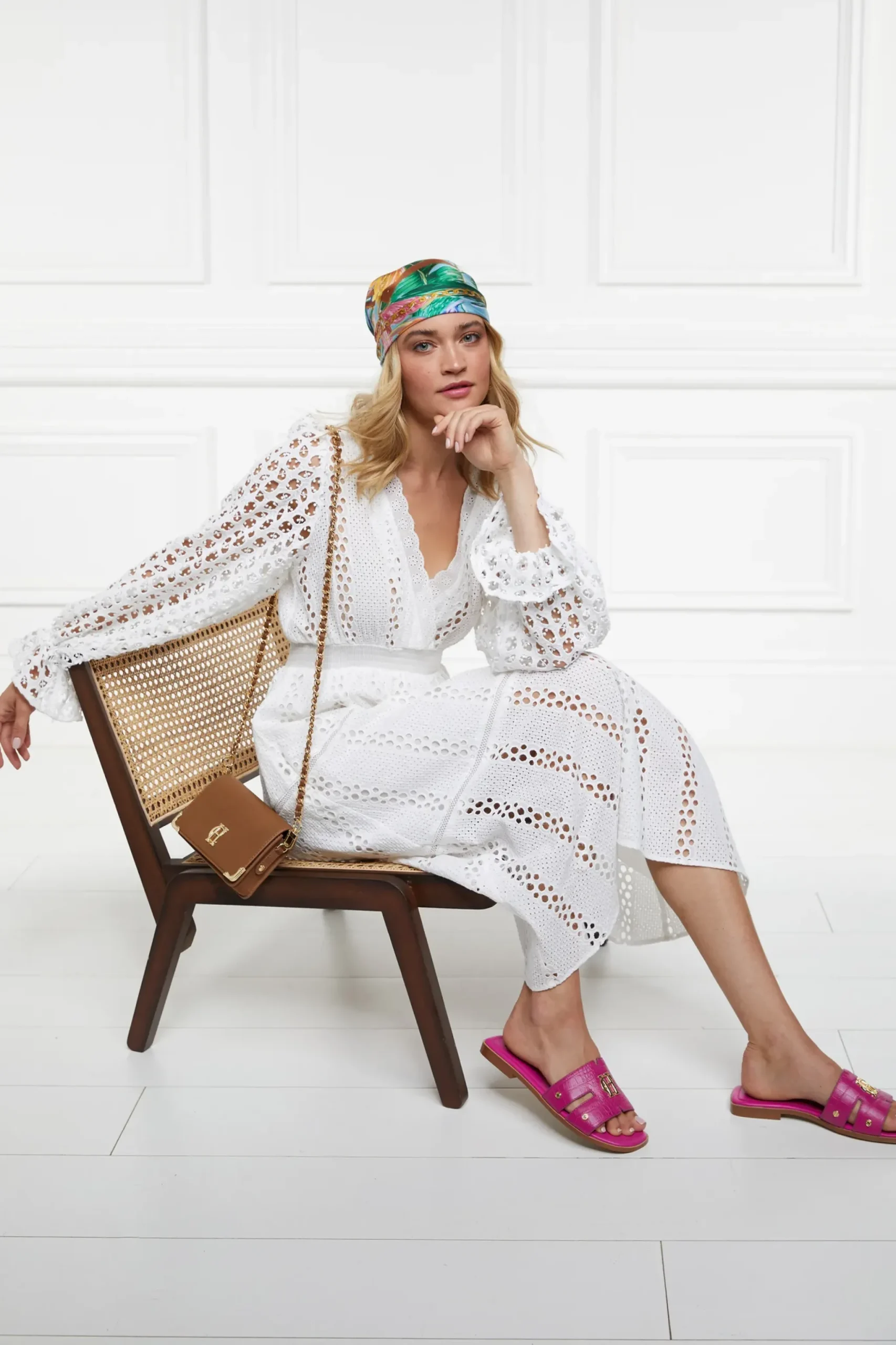 Holland Cooper Broderie Lace V-Neck Midi Dress Clearance