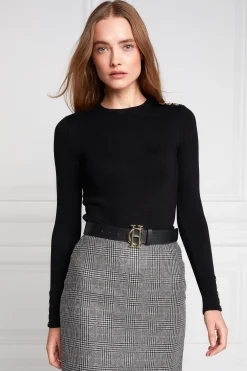 Holland Cooper Buttoned Knit Crew Neck Black Clearance