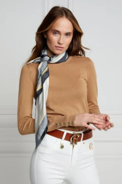 Holland Cooper Buttoned Knit Crew Neck Dark Camel Hot