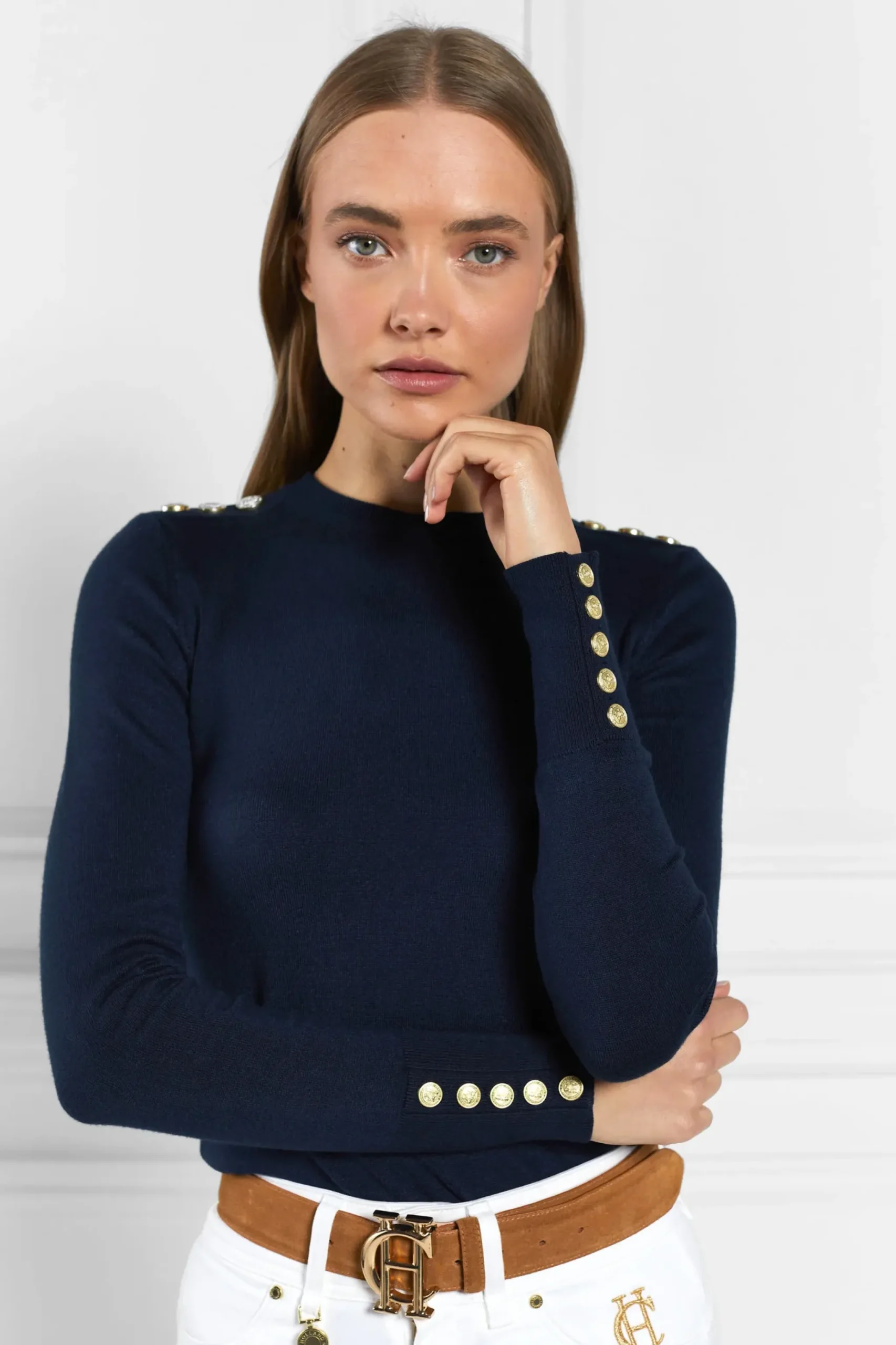 Holland Cooper Buttoned Knit Crew Neck Ink Navy Best