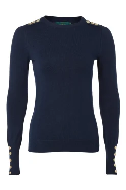 Holland Cooper Buttoned Knit Crew Neck Ink Navy Best