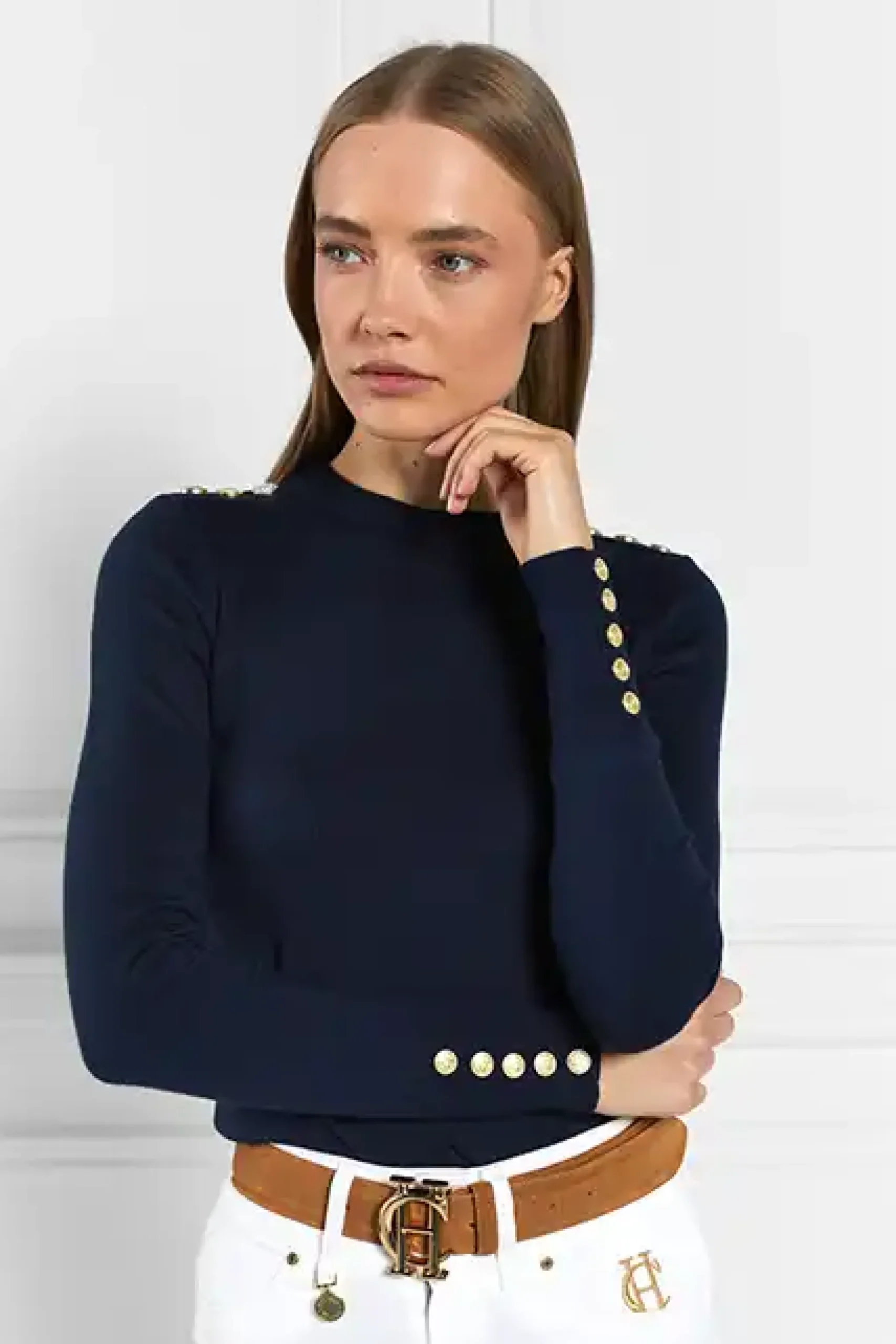 Holland Cooper Buttoned Knit Crew Neck Ink Navy Best