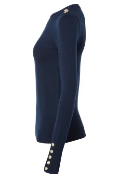 Holland Cooper Buttoned Knit Crew Neck Ink Navy Best