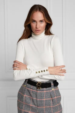 Holland Cooper Buttoned Knit Roll Neck Cream Clearance