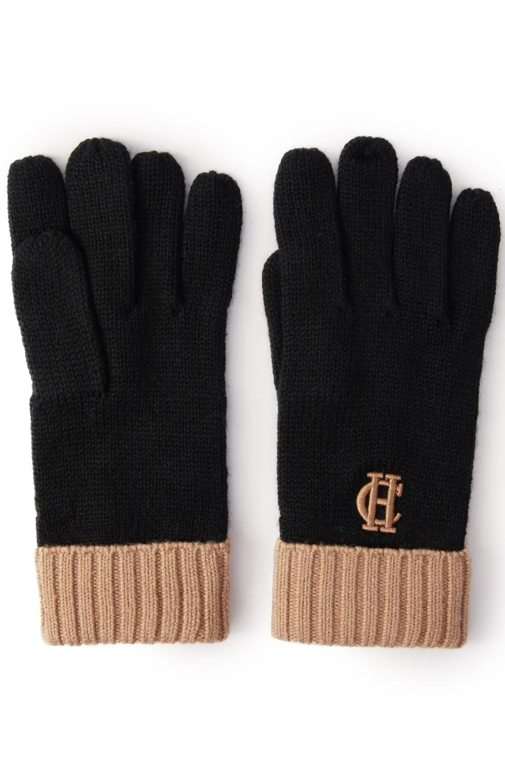 Holland Cooper Chelsea Logo Knitted Gloves Black Tan Discount