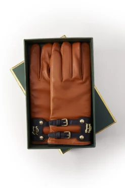 Holland Cooper Contrast Leather Gloves Tan Ink Navy Online