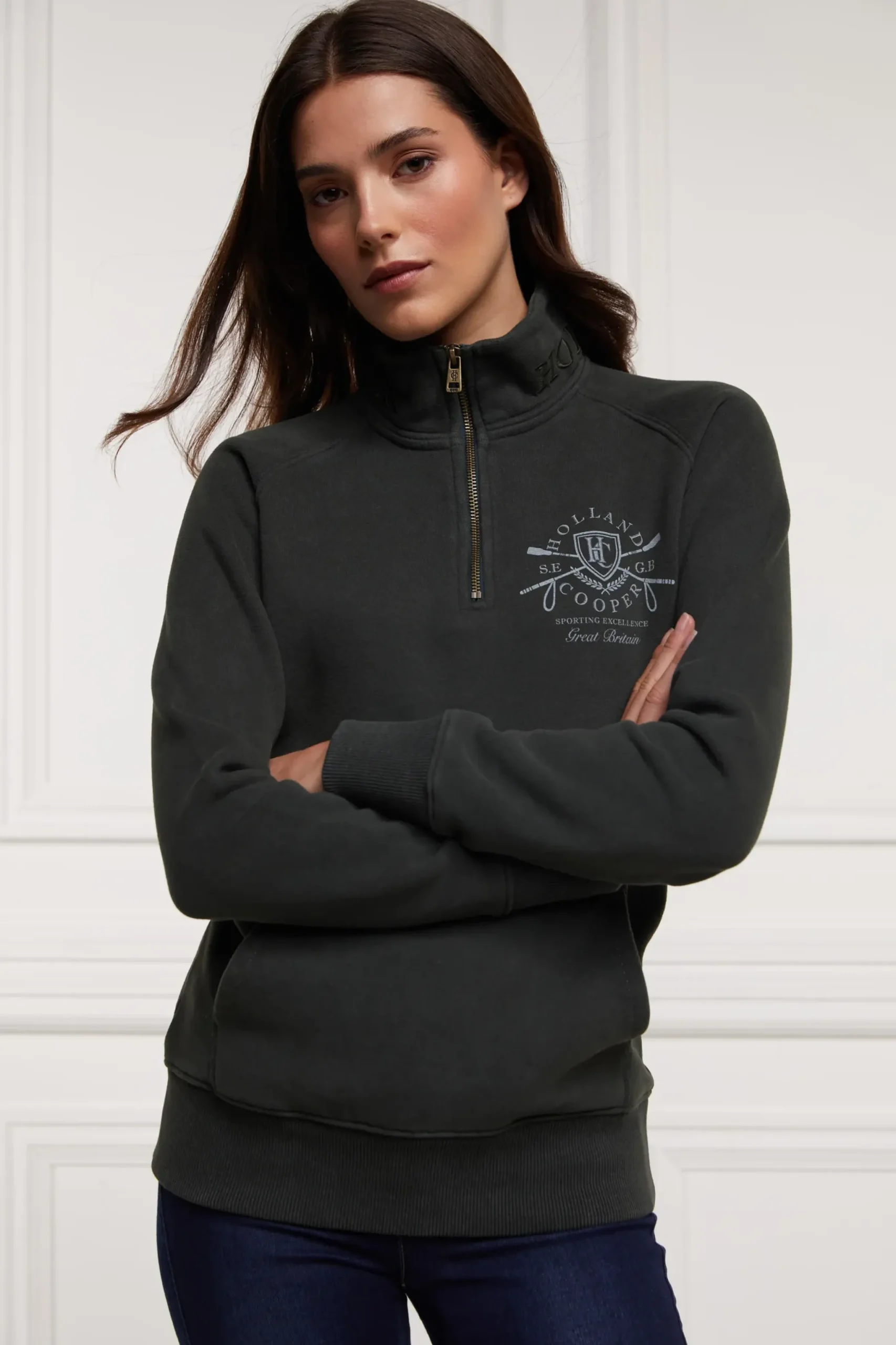 Holland Cooper Crest Zip Henley Racing Green New