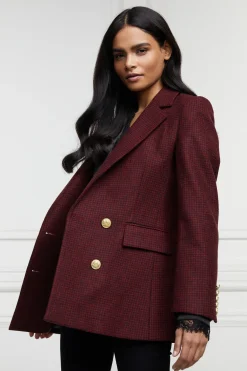 Holland Cooper Double Breasted Blazer Deep Red Houndstooth
