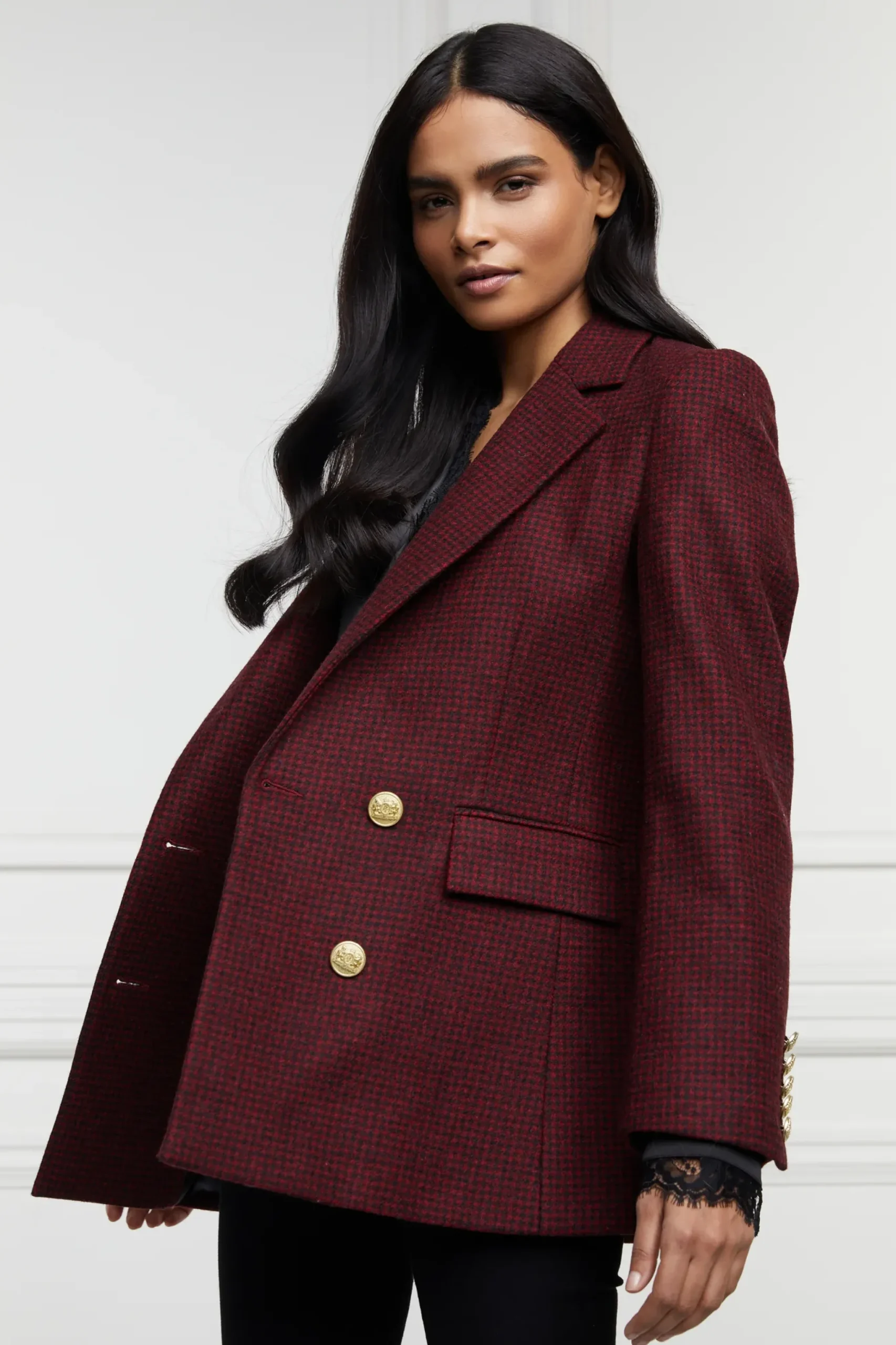 Holland Cooper Double Breasted Blazer Deep Red Houndstooth