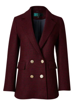 Holland Cooper Double Breasted Blazer Deep Red Houndstooth
