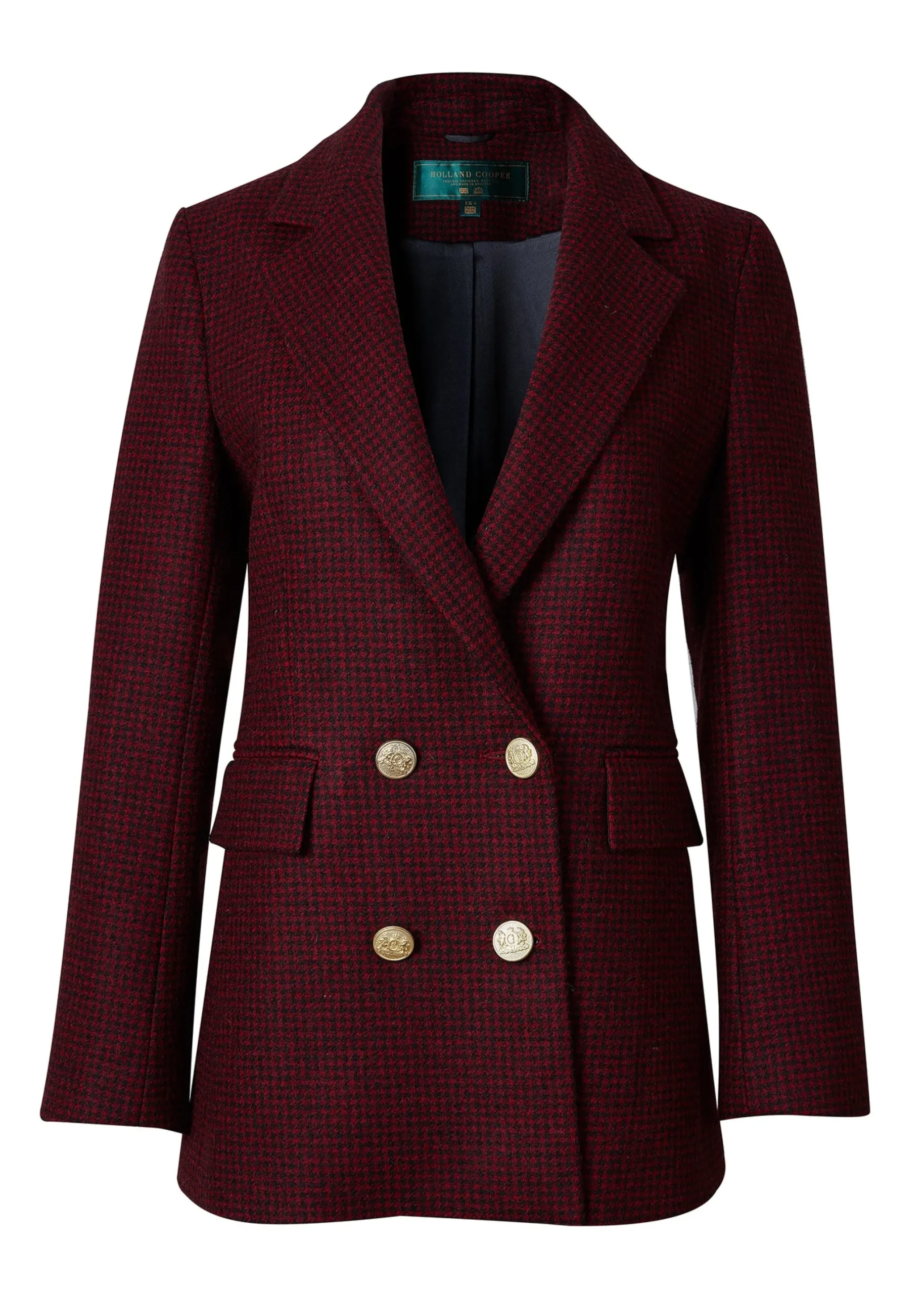 Holland Cooper Double Breasted Blazer Deep Red Houndstooth