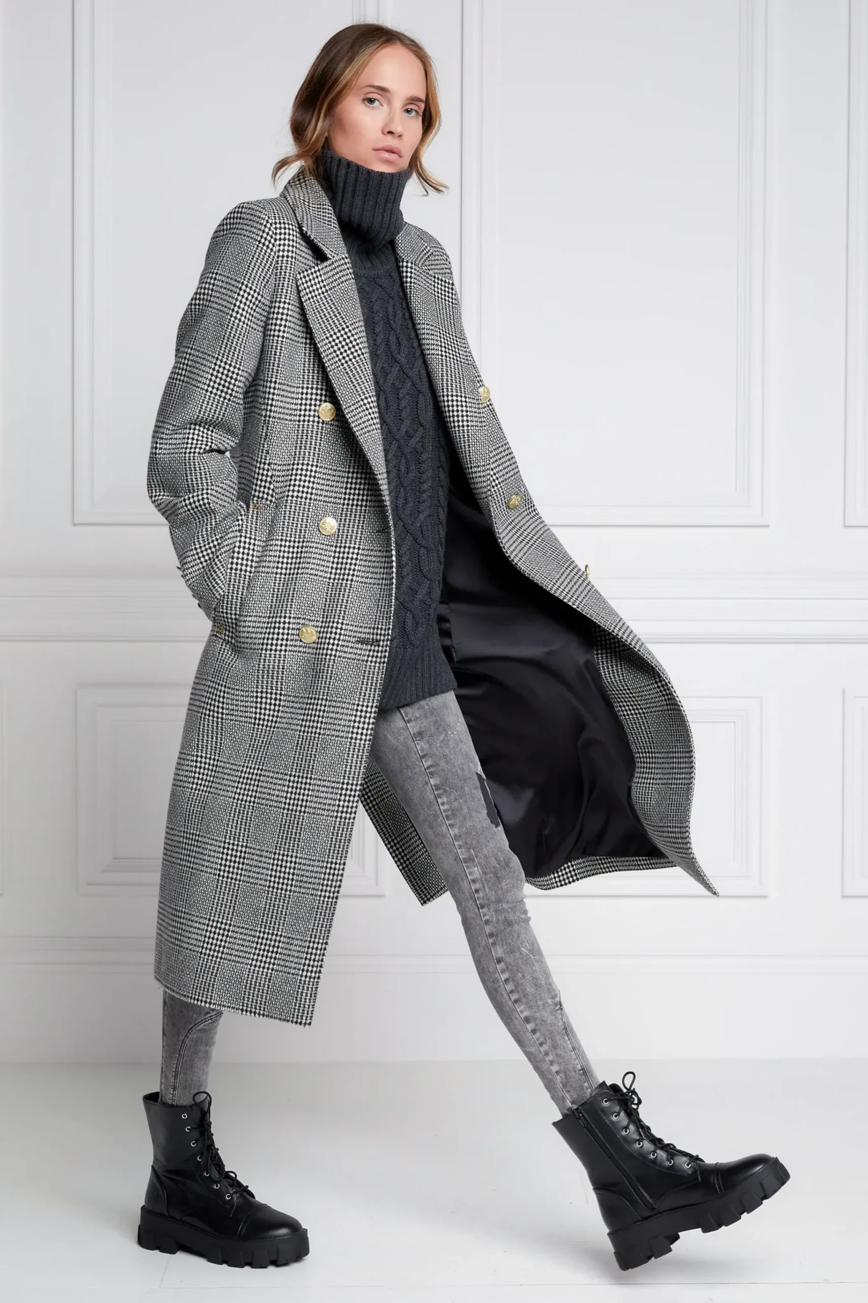 Holland Cooper Double Breasted Coat Prince of Wales Mono New