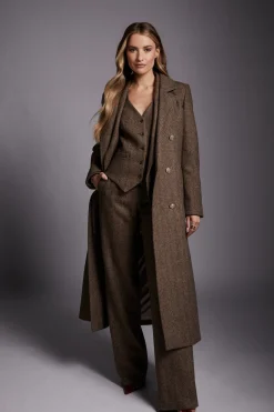 Holland Cooper Double Breasted Coat Large Scale Brown Herringbone Hot