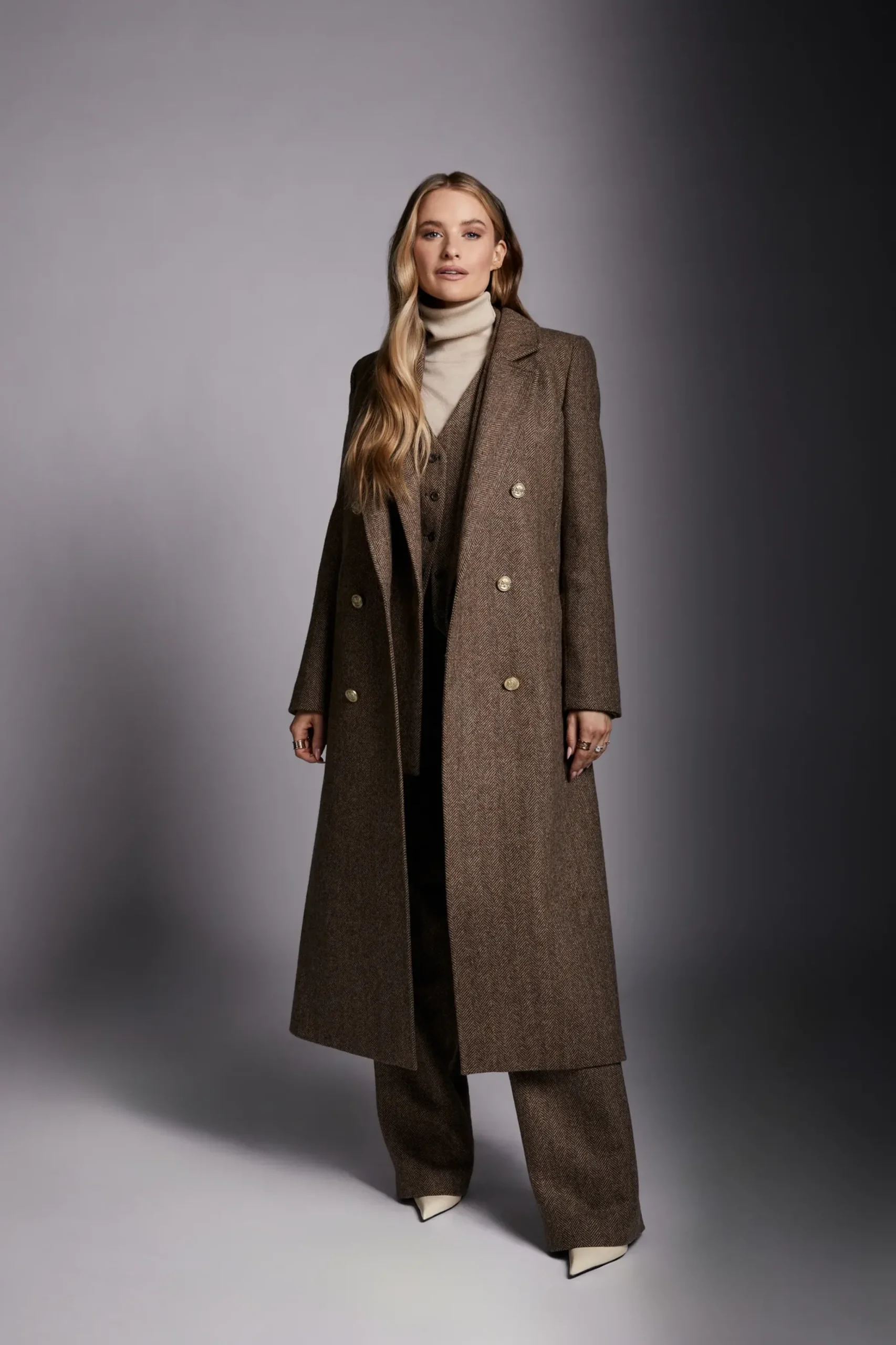 Holland Cooper Double Breasted Coat Large Scale Brown Herringbone Hot