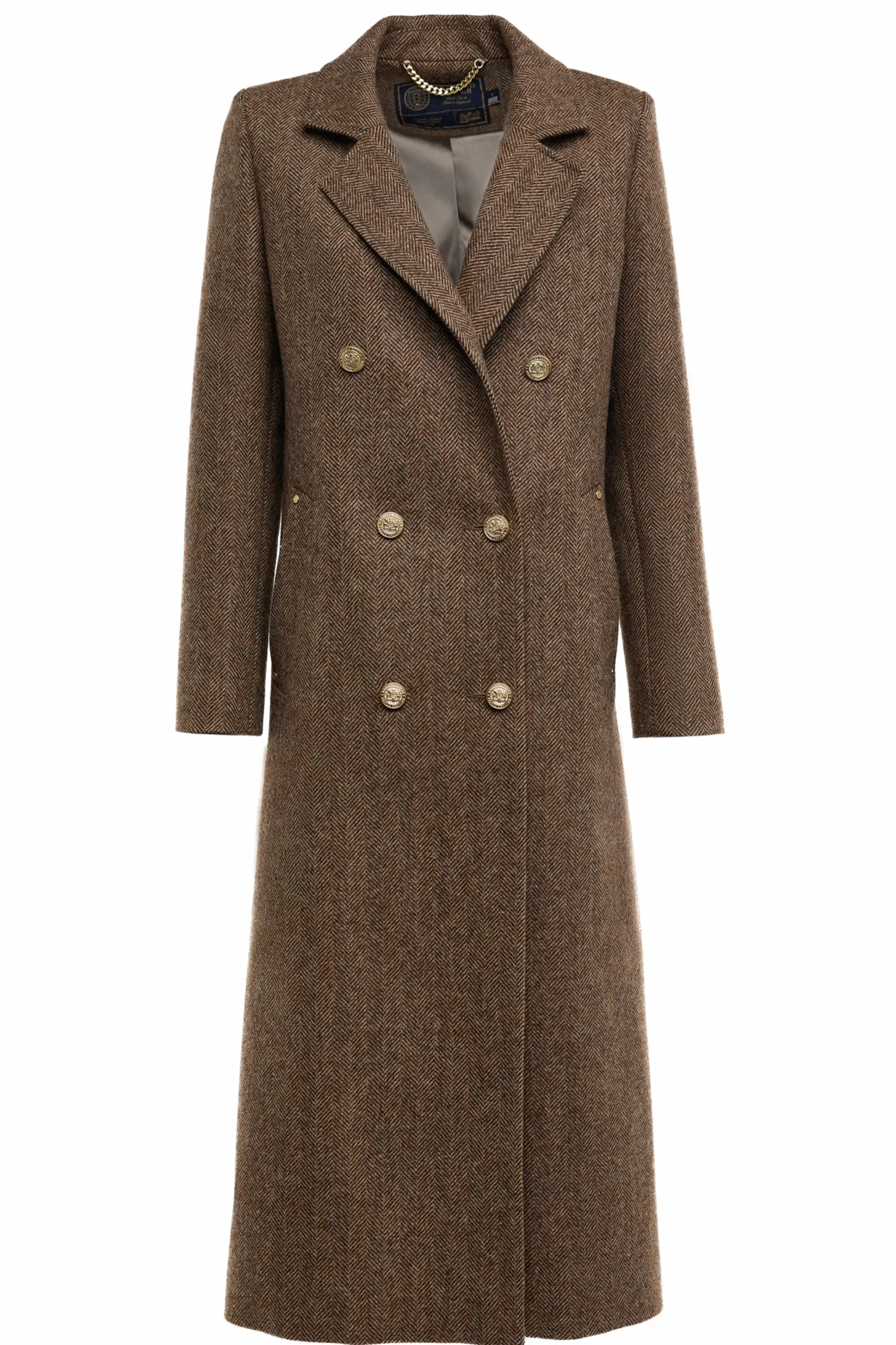 Holland Cooper Double Breasted Coat Large Scale Brown Herringbone Hot