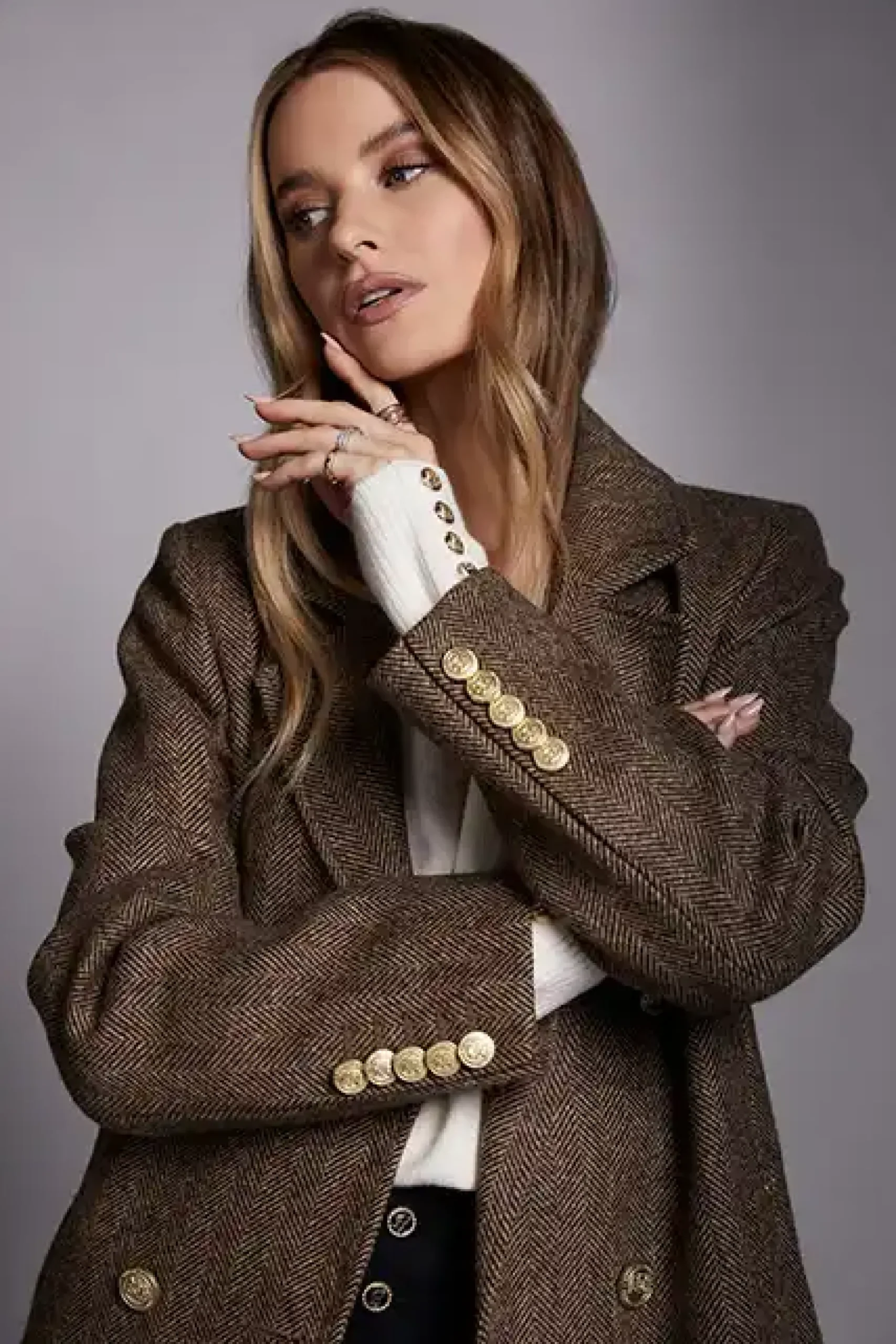 Holland Cooper Double Breasted Coat Large Scale Brown Herringbone Hot