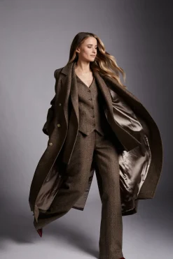 Holland Cooper Double Breasted Coat Large Scale Brown Herringbone Hot