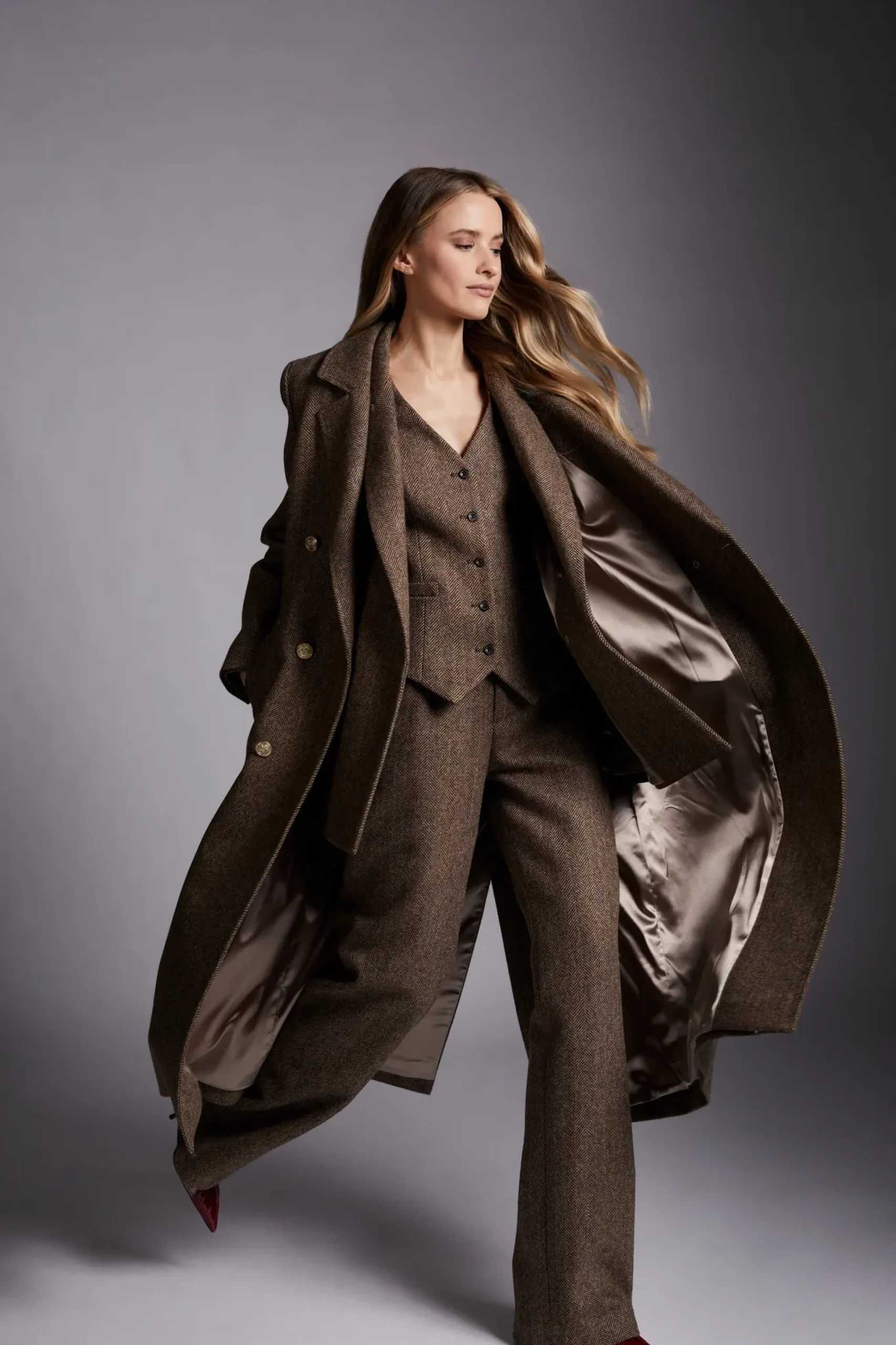 Holland Cooper Double Breasted Coat Large Scale Brown Herringbone Hot