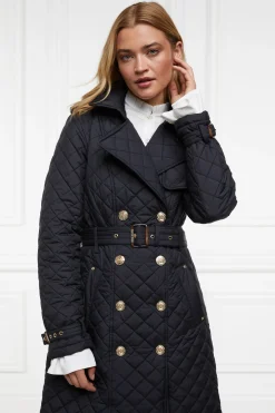 Holland Cooper Enstone Quilted Trench Coat Black Gold Outlet