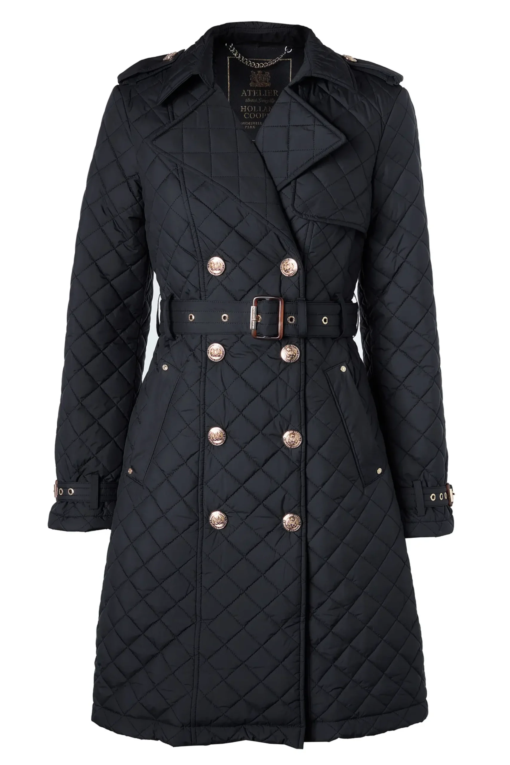 Holland Cooper Enstone Quilted Trench Coat Black Gold Outlet