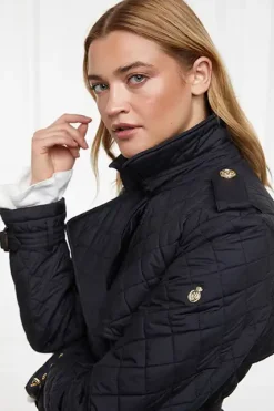 Holland Cooper Enstone Quilted Trench Coat Black Gold Outlet