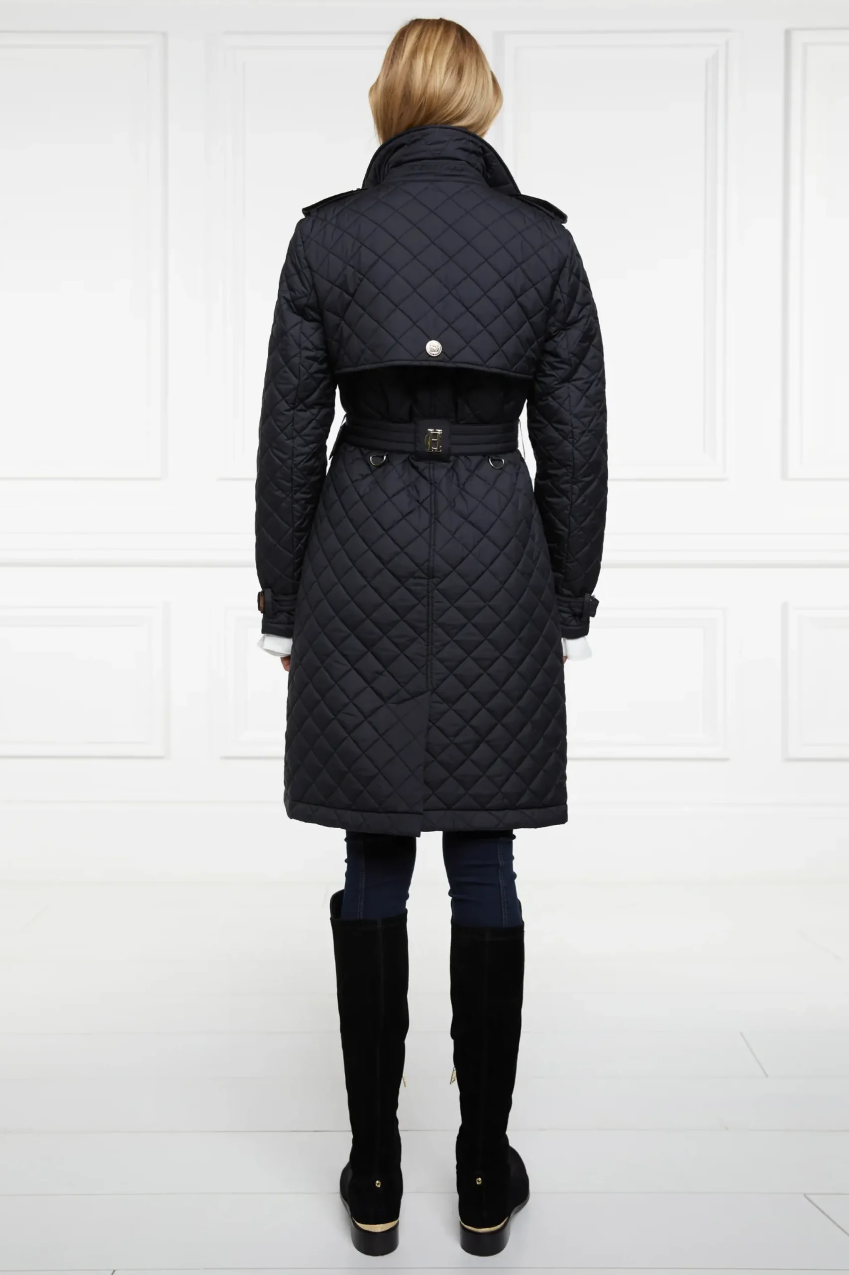 Holland Cooper Enstone Quilted Trench Coat Black Gold Outlet