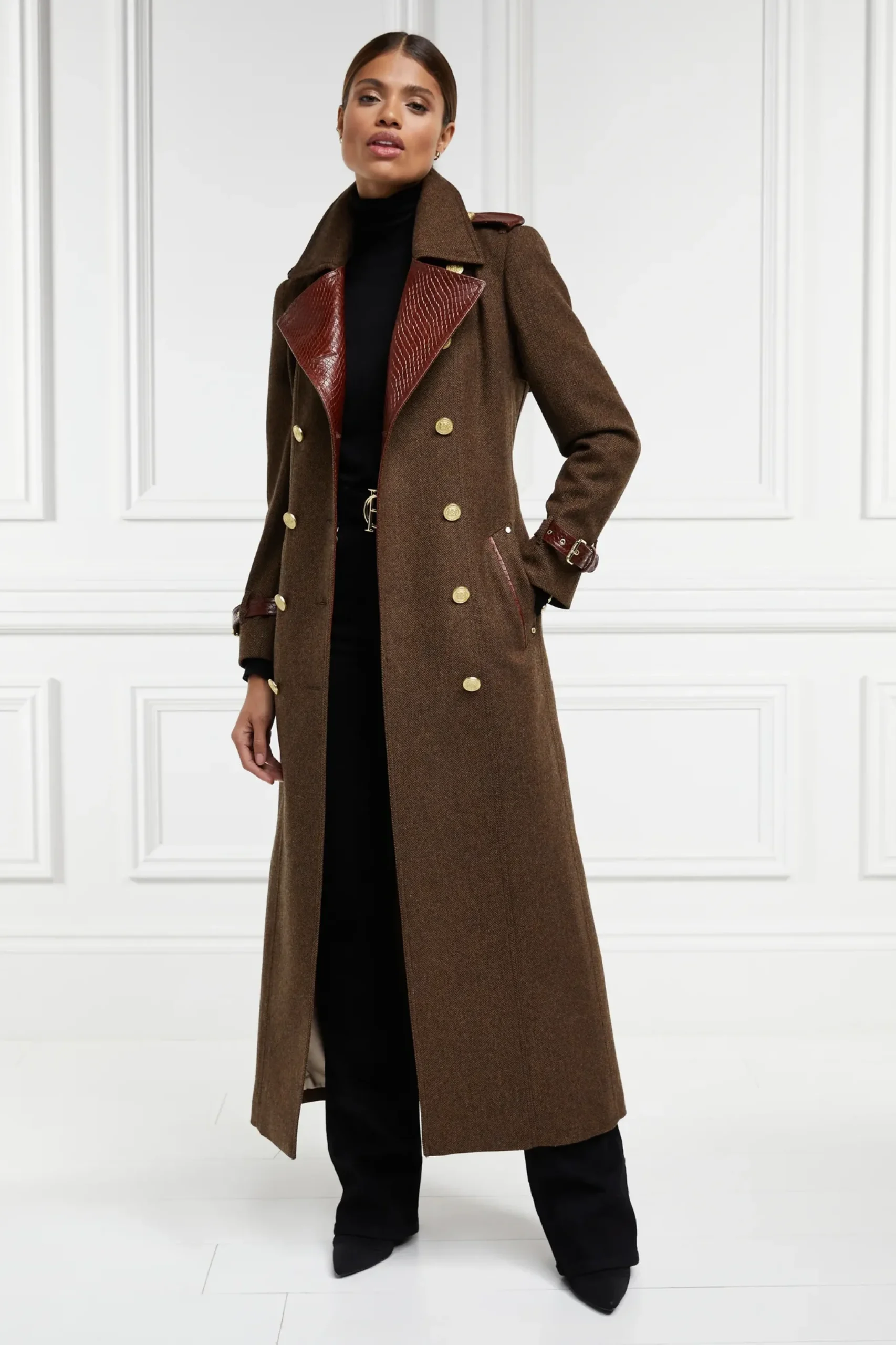 Holland Cooper Full Length Chelsea Trench Coat Tobacco Herringbone Best