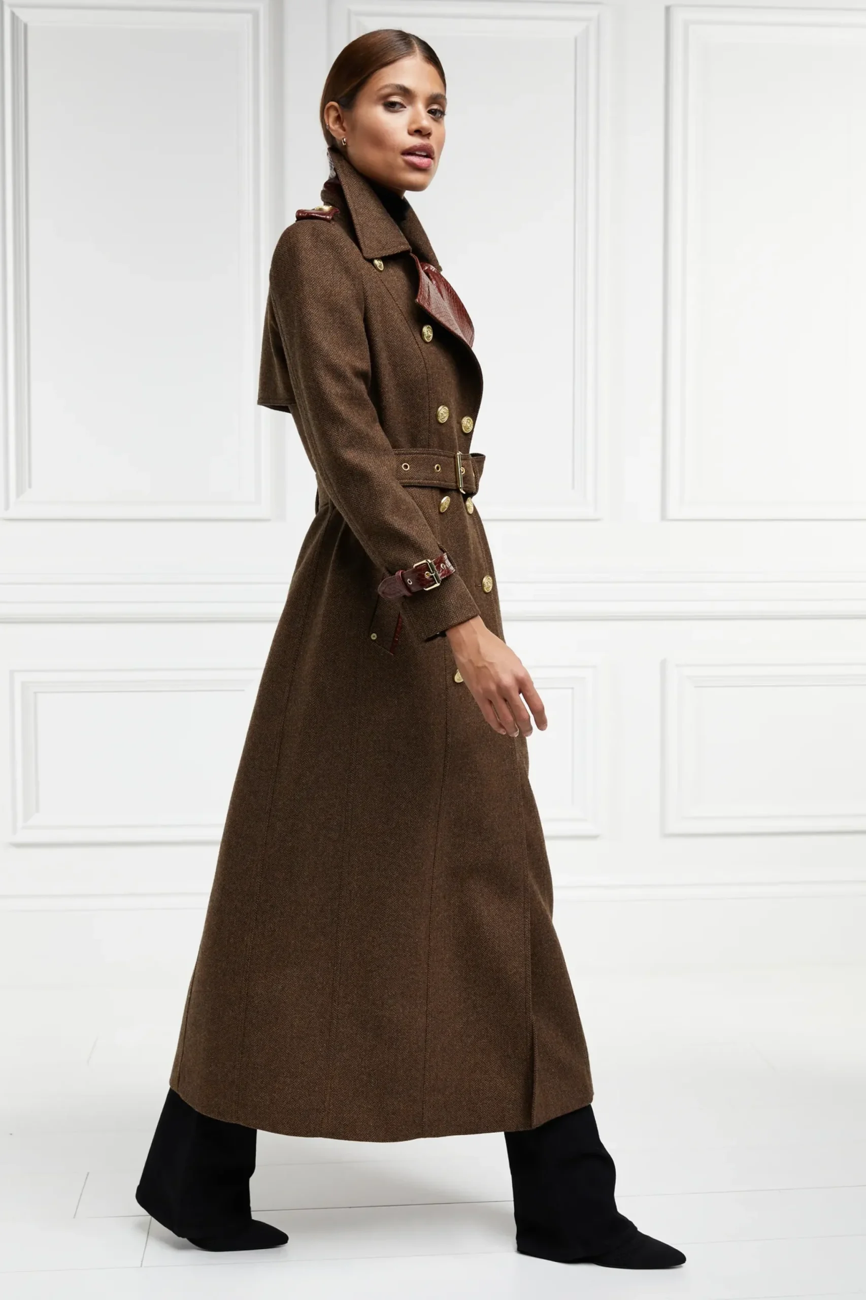Holland Cooper Full Length Chelsea Trench Coat Tobacco Herringbone Best