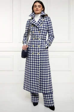 Holland Cooper Full Length Marlborough Trench Coat Large Scale Navy Houndstooth Best
