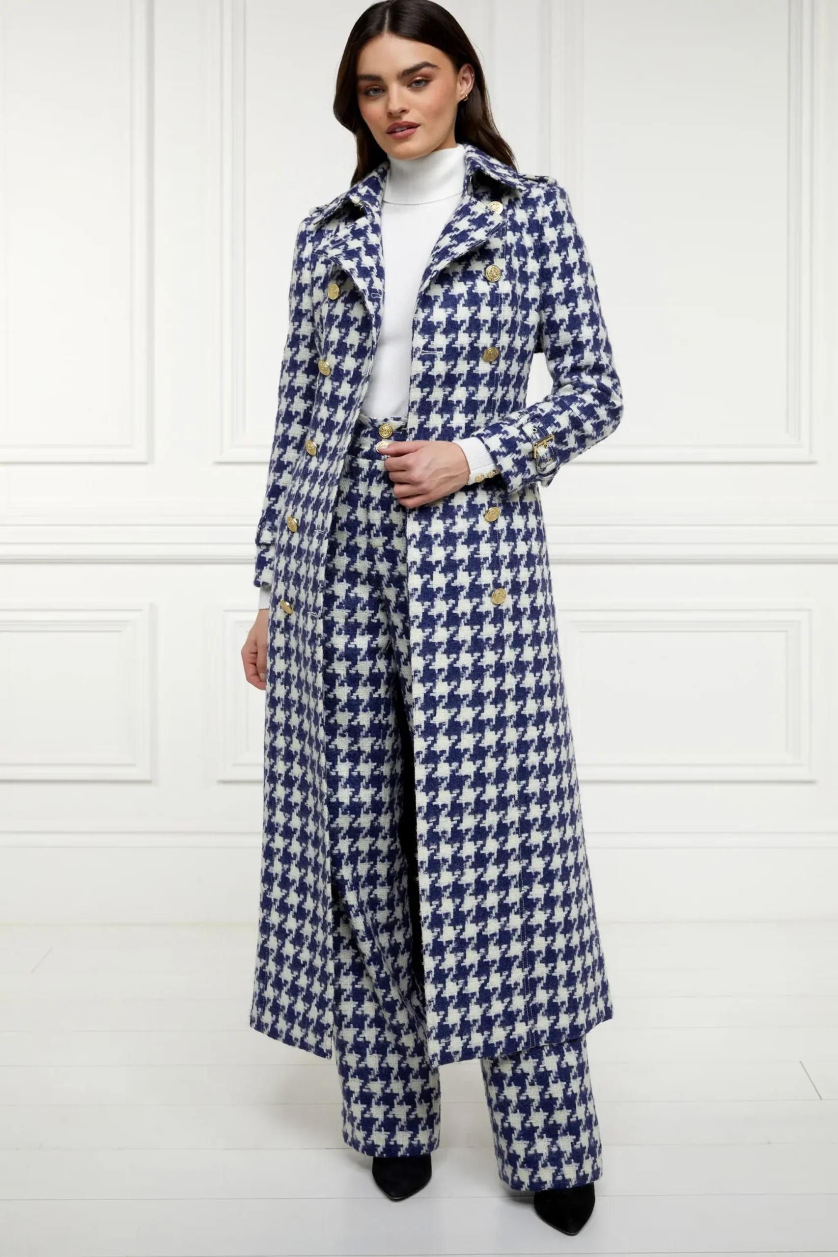 Holland Cooper Full Length Marlborough Trench Coat Large Scale Navy Houndstooth Best