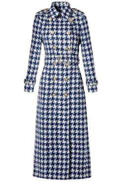 Holland Cooper Full Length Marlborough Trench Coat Large Scale Navy Houndstooth Best