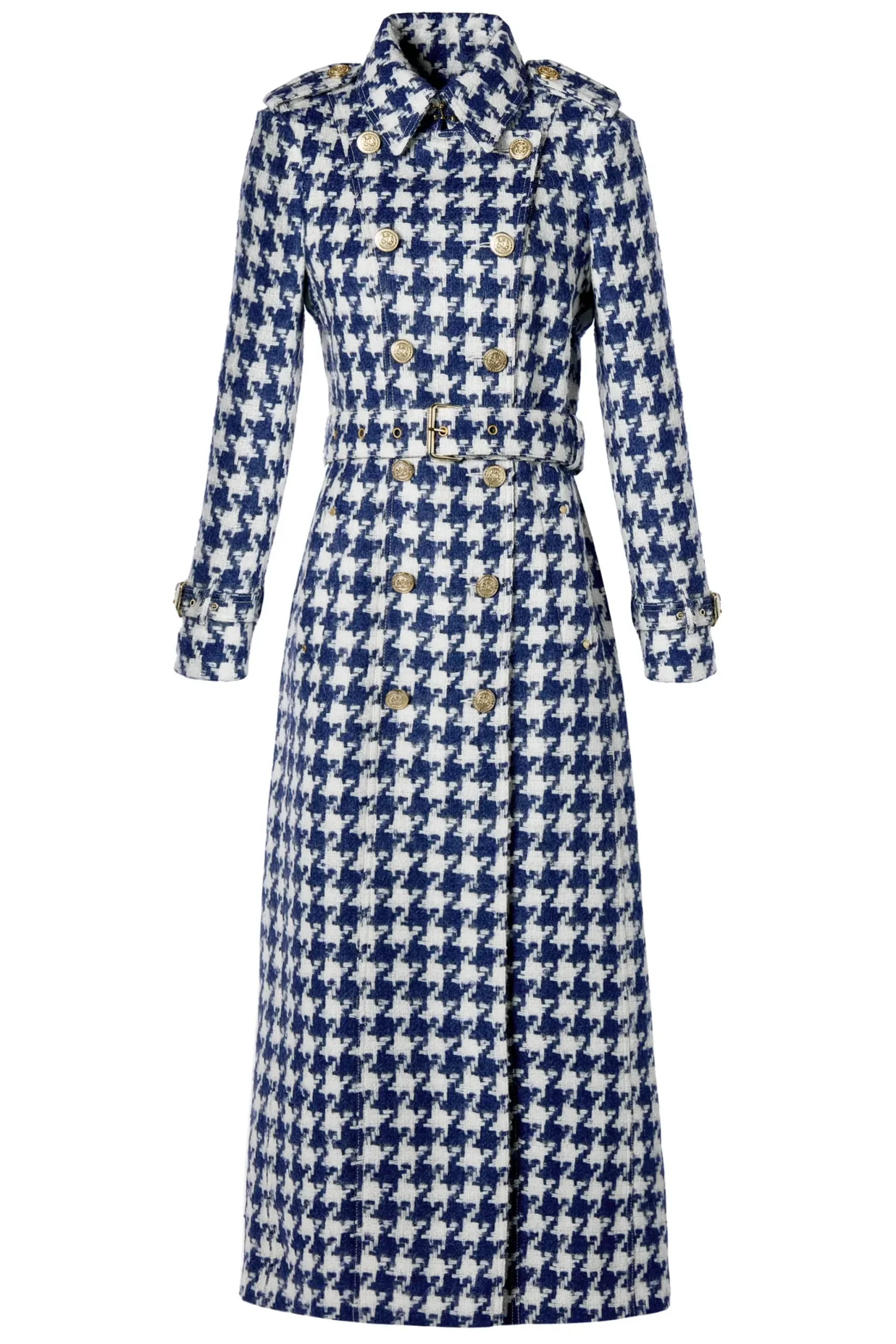 Holland Cooper Full Length Marlborough Trench Coat Large Scale Navy Houndstooth Best