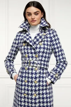 Holland Cooper Full Length Marlborough Trench Coat Large Scale Navy Houndstooth Best