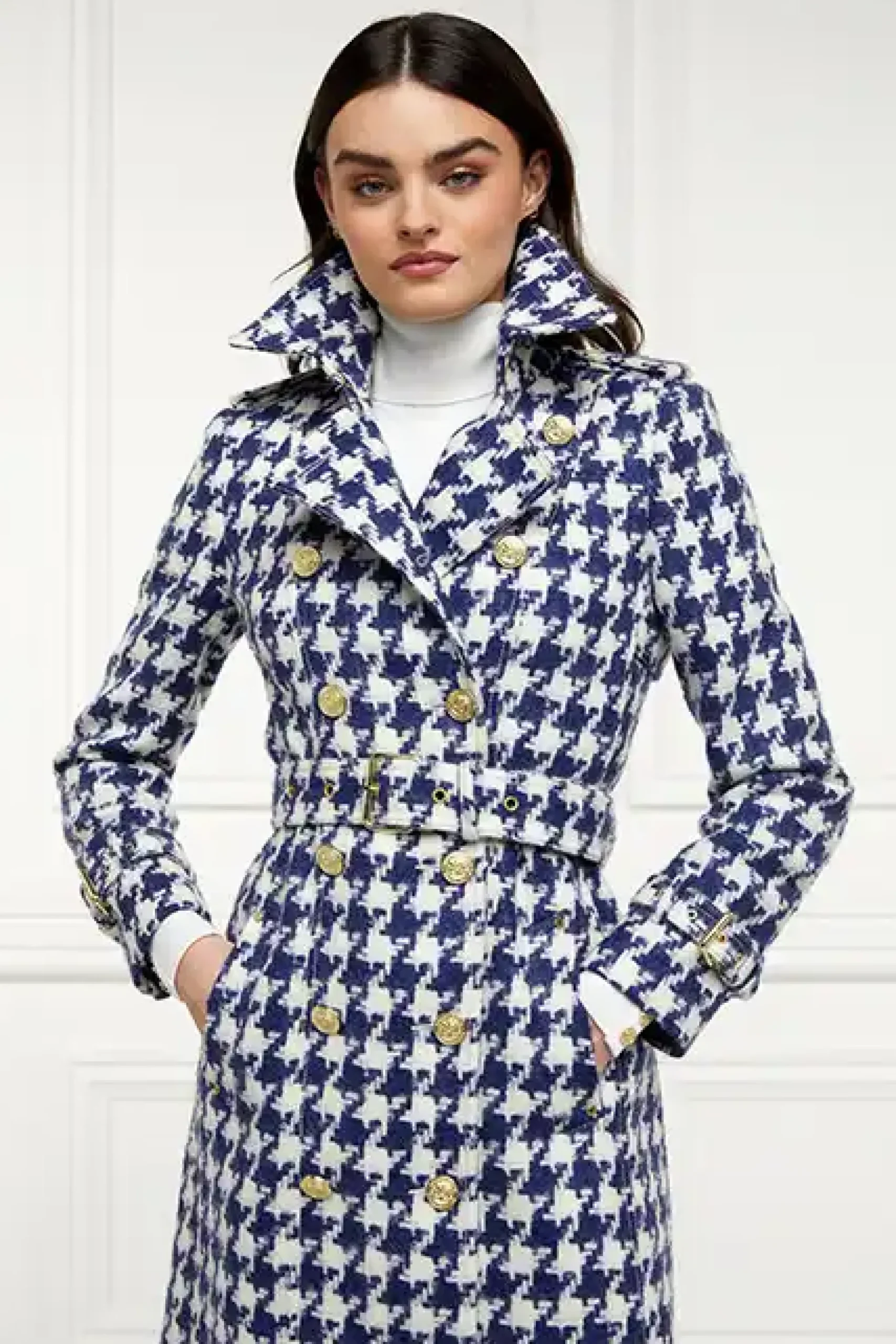 Holland Cooper Full Length Marlborough Trench Coat Large Scale Navy Houndstooth Best