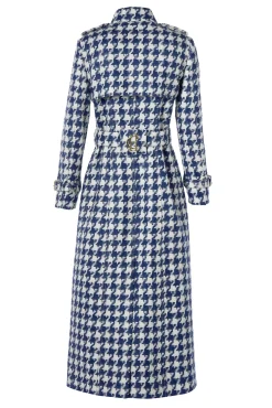 Holland Cooper Full Length Marlborough Trench Coat Large Scale Navy Houndstooth Best