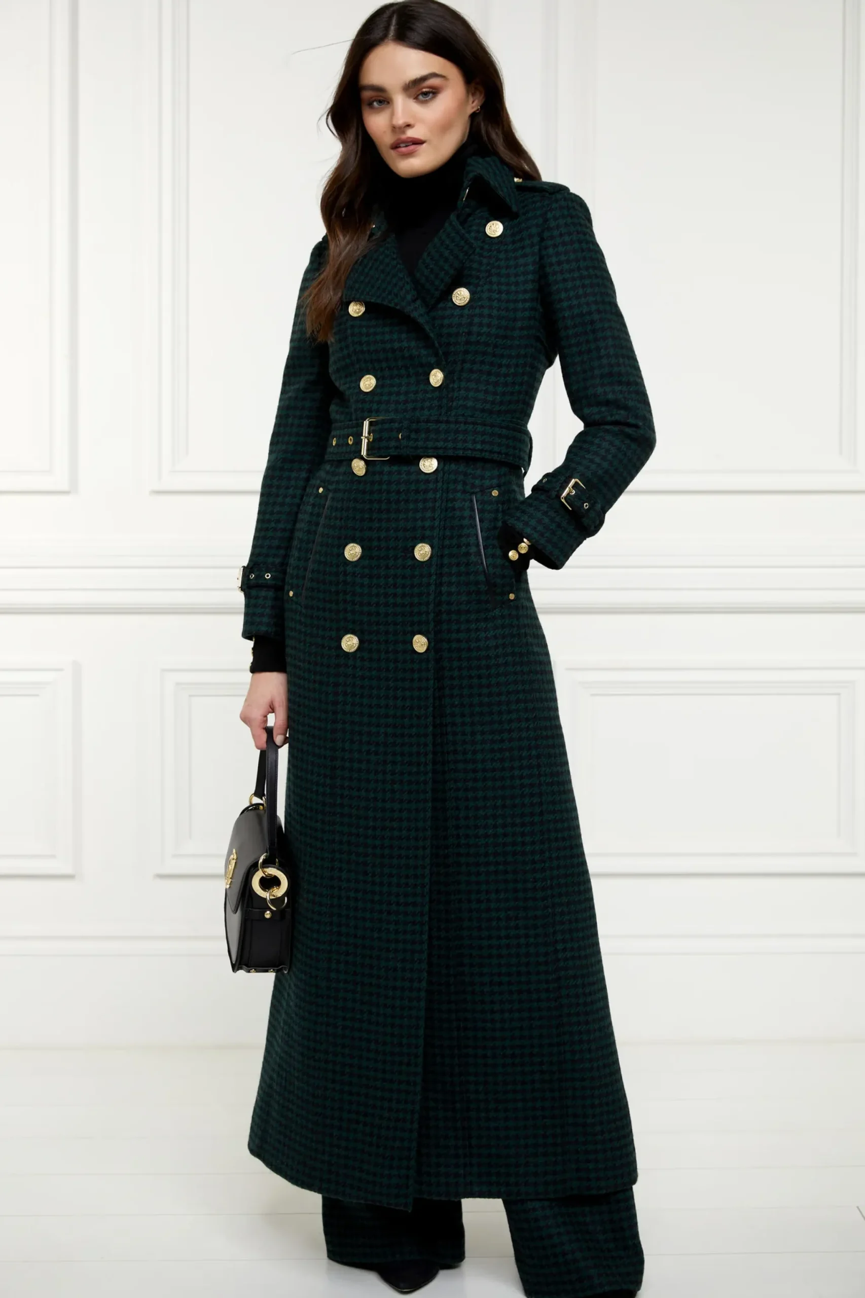 Holland Cooper Full Length Marlborough Trench Coat Emerald Houndstooth Hot