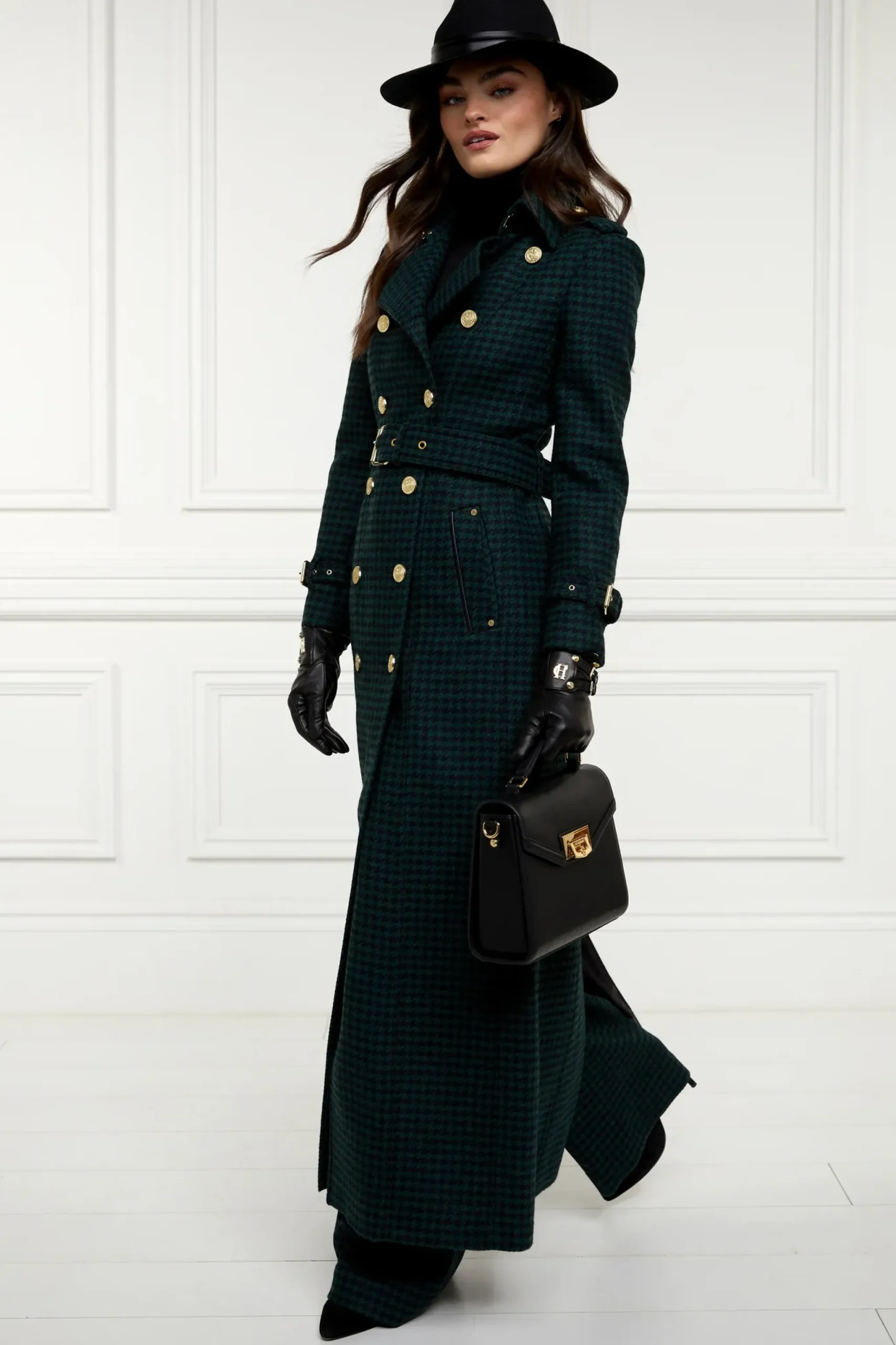 Holland Cooper Full Length Marlborough Trench Coat Emerald Houndstooth Hot