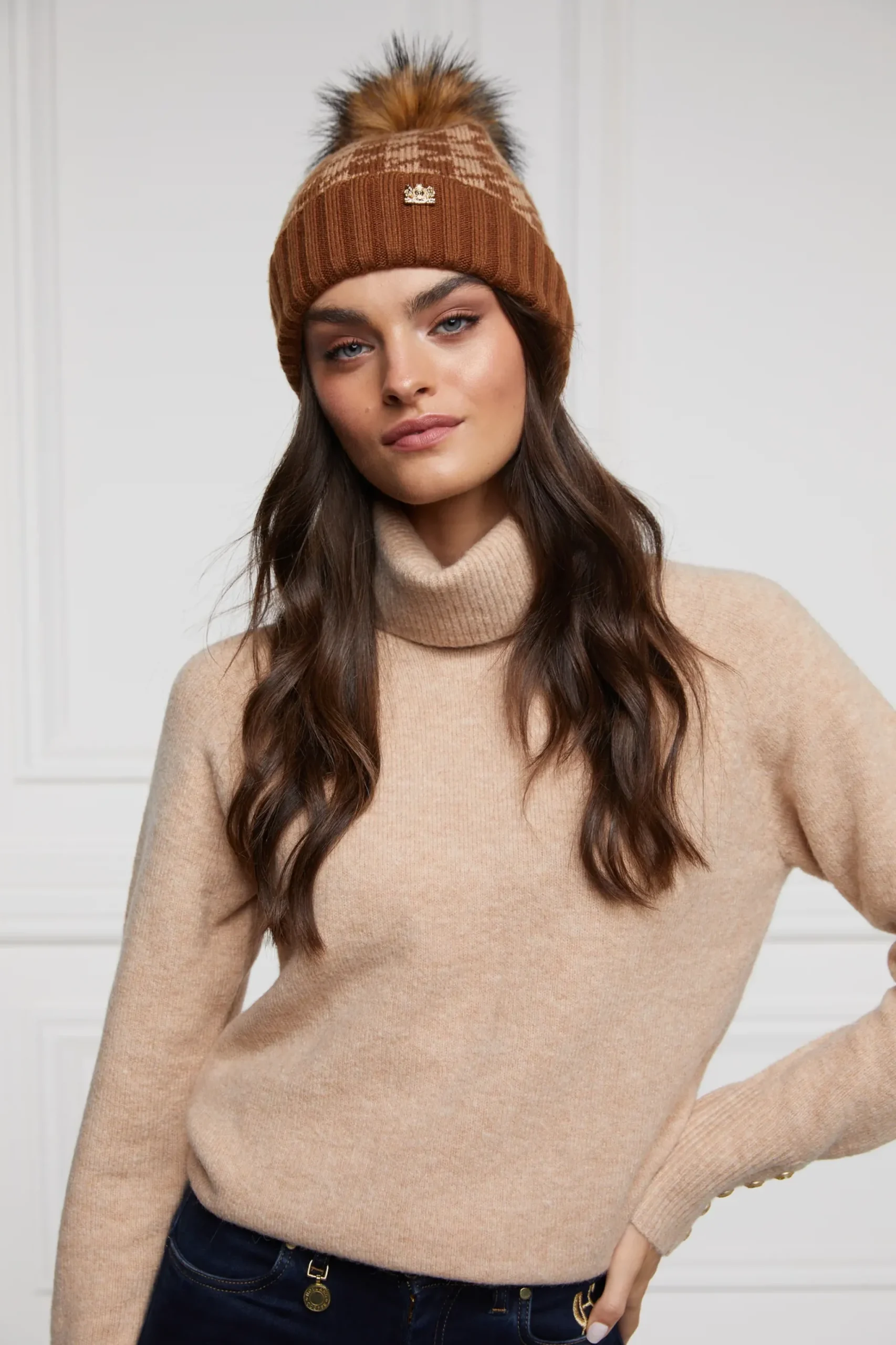 Holland Cooper Heritage Bobble Hat Toffee Houndstooth New