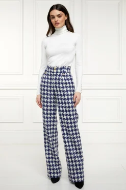 Holland Cooper High Waisted Straight Trouser Large Scale Navy Houndstooth Hot