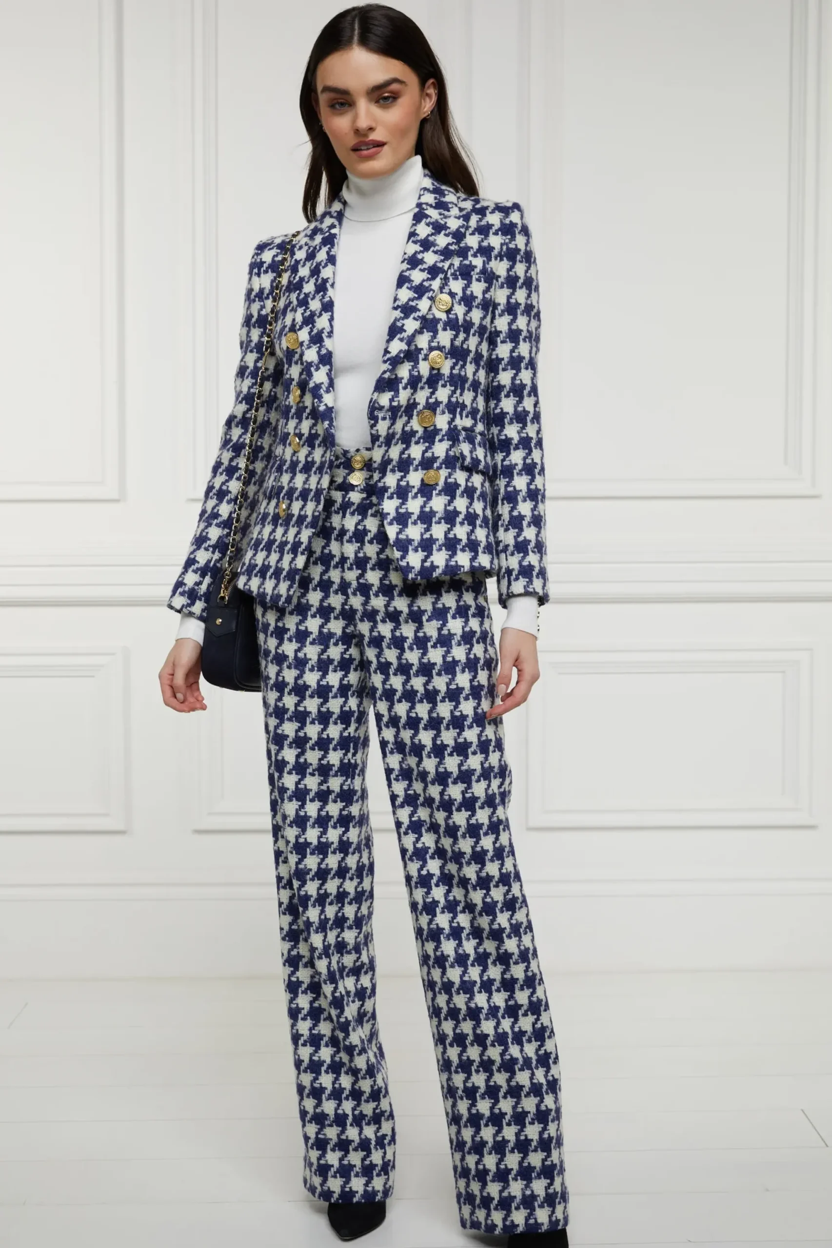 Holland Cooper High Waisted Straight Trouser Large Scale Navy Houndstooth Hot