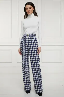 Holland Cooper High Waisted Straight Trouser Large Scale Navy Houndstooth Hot