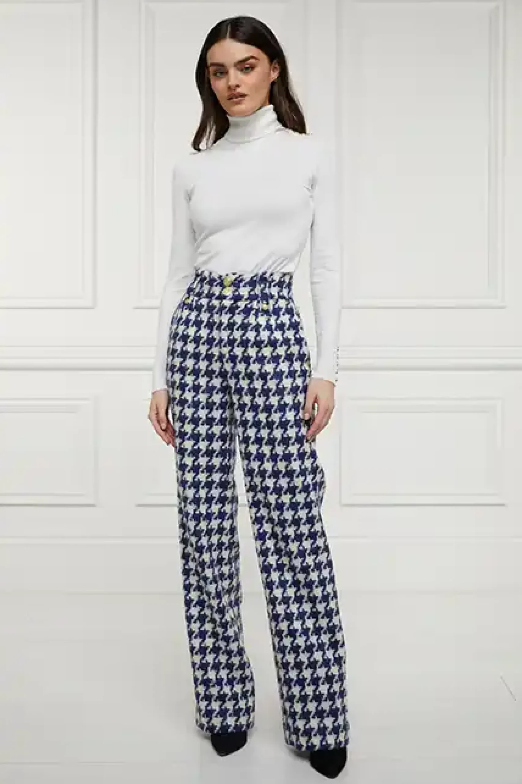 Holland Cooper High Waisted Straight Trouser Large Scale Navy Houndstooth Hot