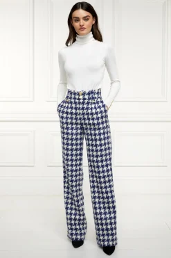 Holland Cooper High Waisted Straight Trouser Large Scale Navy Houndstooth Hot