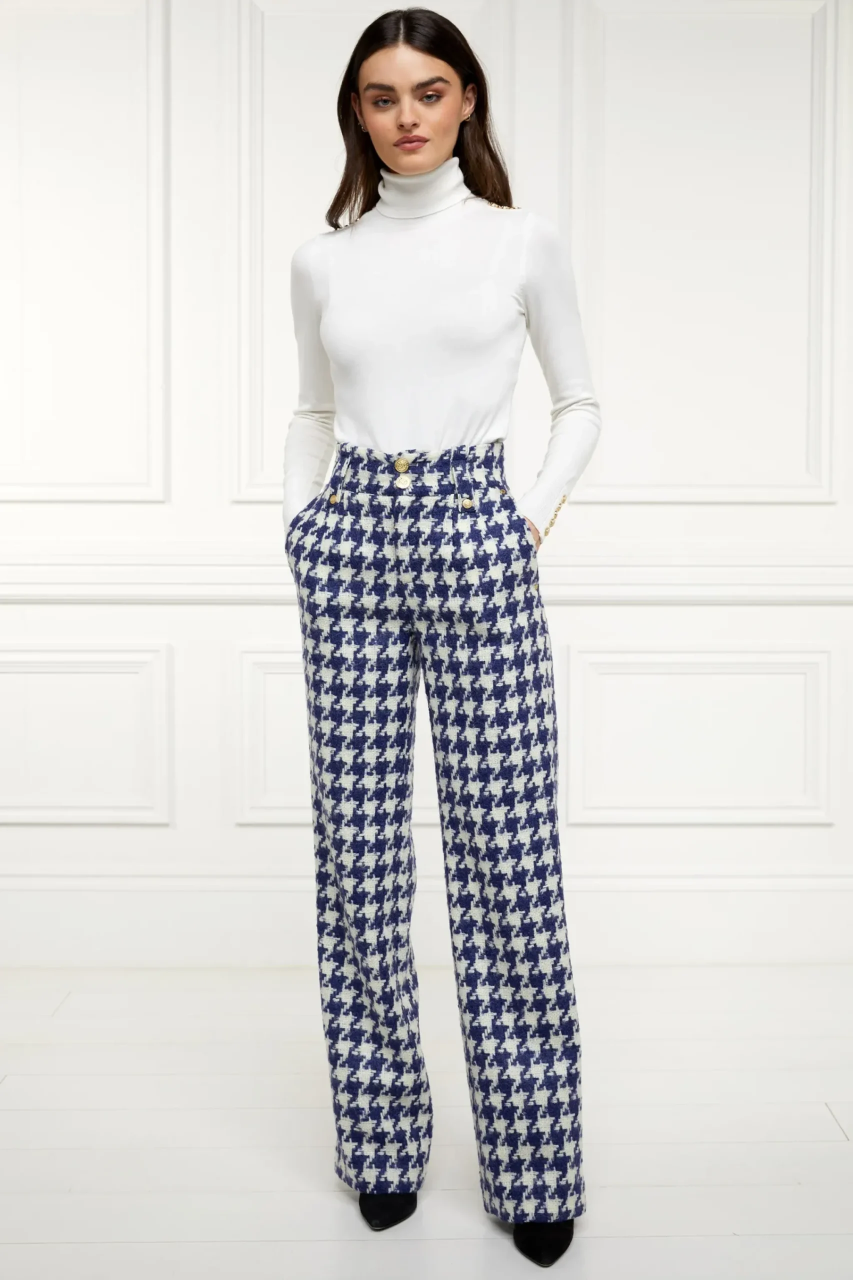 Holland Cooper High Waisted Straight Trouser Large Scale Navy Houndstooth Hot