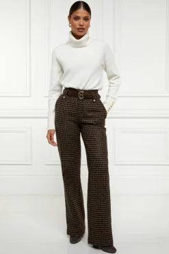 Holland Cooper High Waisted Straight Trouser Chocolate Houndstooth Outlet
