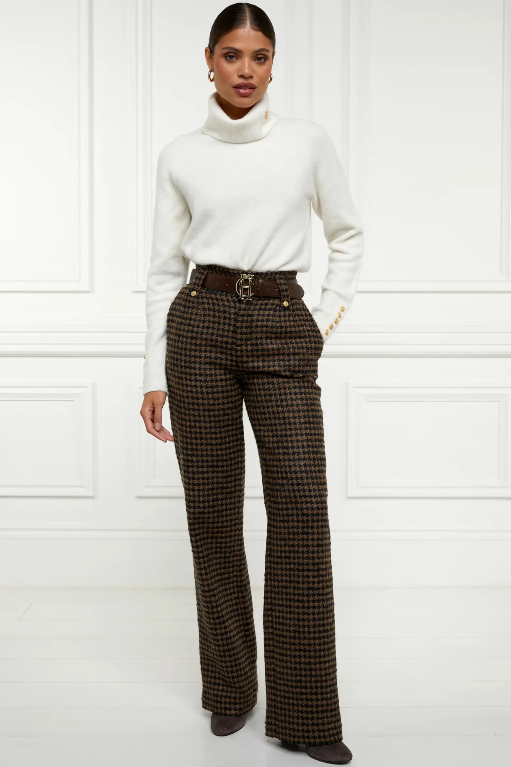 Holland Cooper High Waisted Straight Trouser Chocolate Houndstooth Outlet
