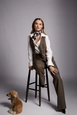 Holland Cooper High Waisted Straight Trouser Large Scale Brown Herringbone New