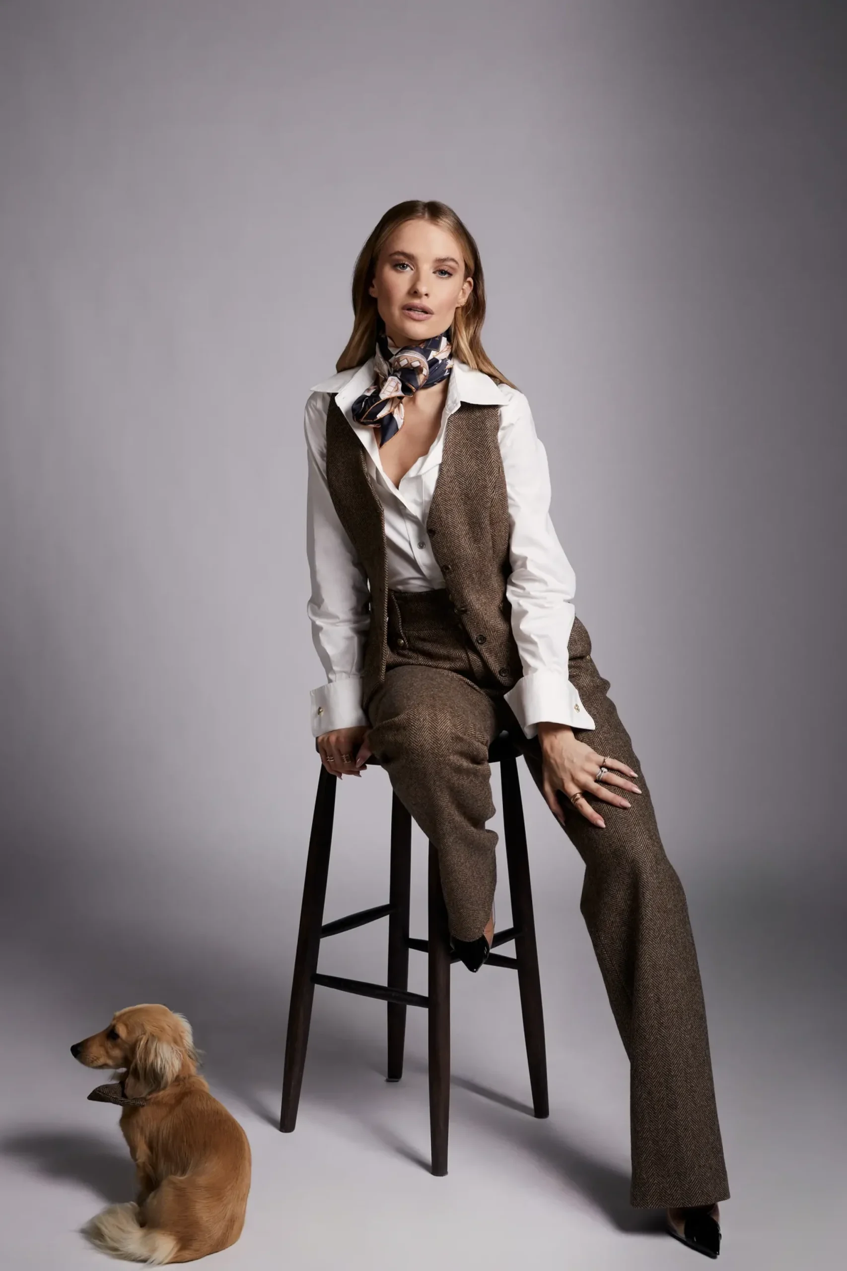 Holland Cooper High Waisted Straight Trouser Large Scale Brown Herringbone New