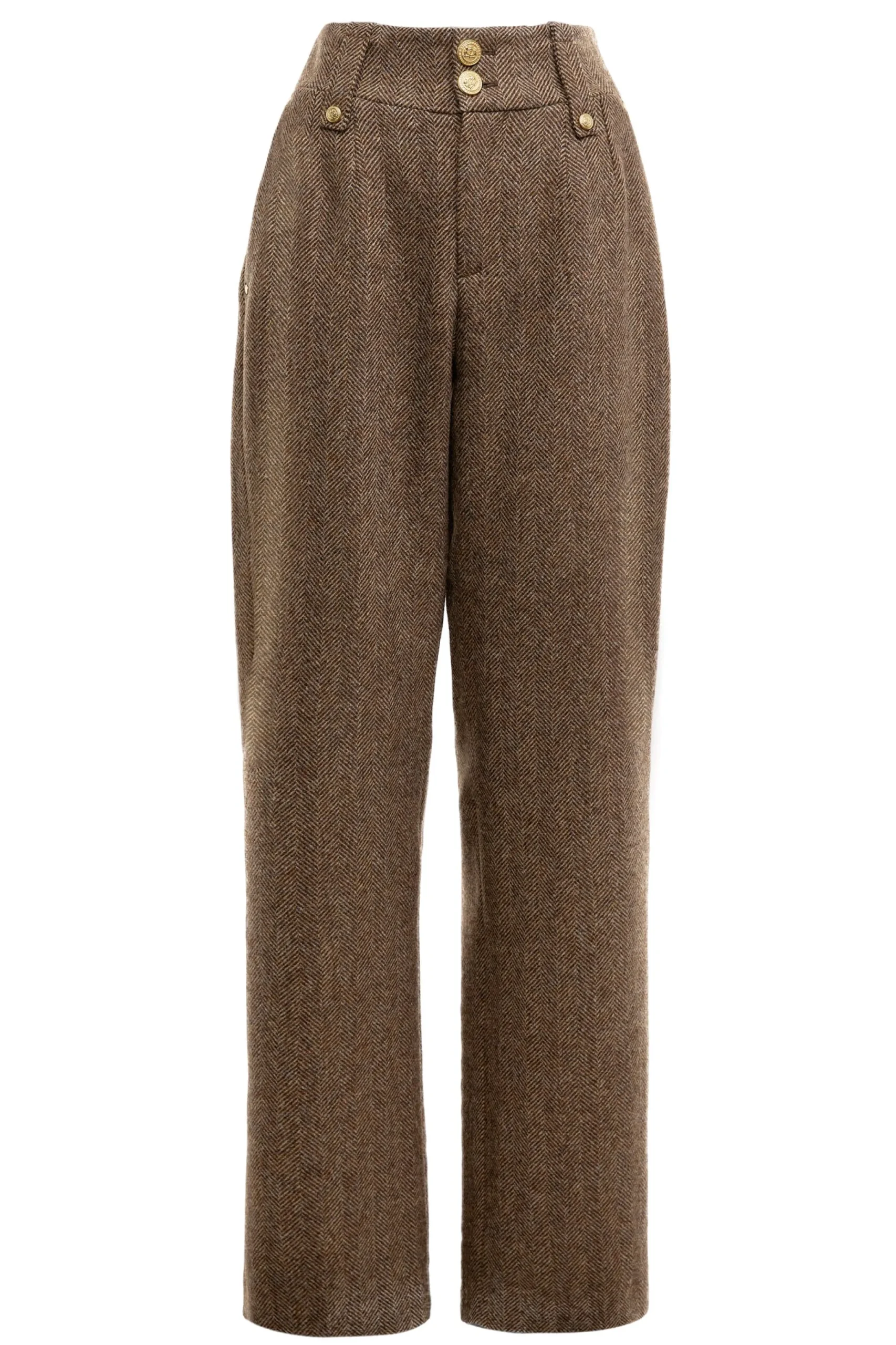 Holland Cooper High Waisted Straight Trouser Large Scale Brown Herringbone New